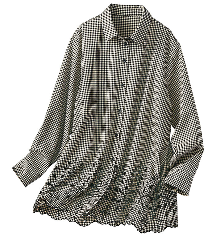 ＼まとめ買いクーポン配布中！／シャツ レディース 秋かおる裾刺しゅうチェック柄シャツ ベルーナ belluna 2025秋冬 M〜5L ★レビュー企画対象のサムネイル