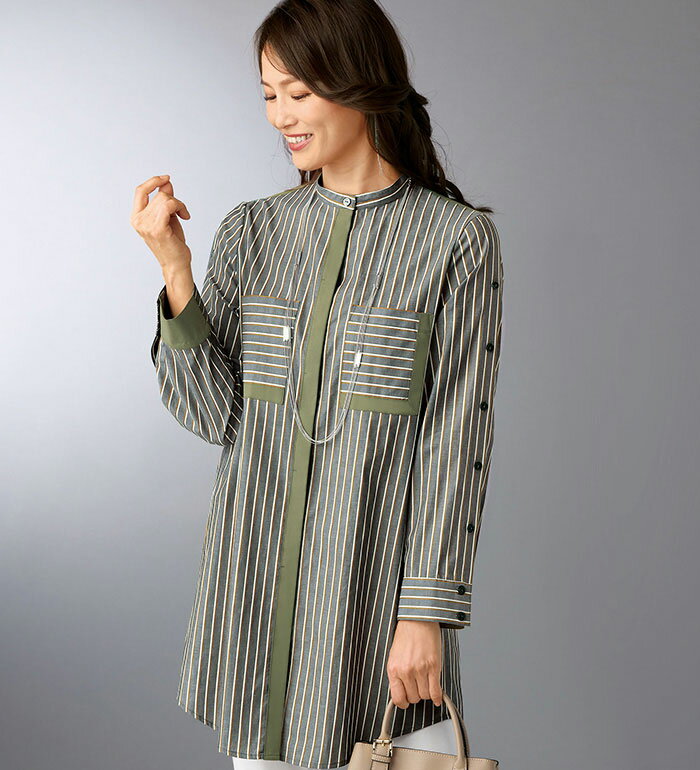 Long-Sleeved - シャツ レディース 先染ドビー素材ストライプ配色デザインシャツ ベルーナ belluna 2025秋冬 M〜5L ★レビュー企画対象