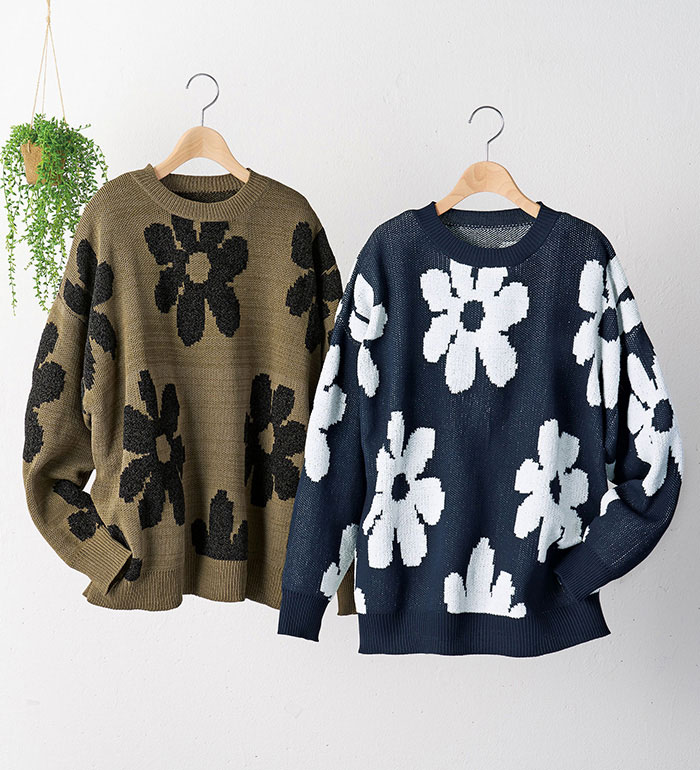 ＼まとめ買いクーポン配布中／ニット レディース 長袖 セーター 【2枚組】お花柄ゆるニット ベルーナ belluna 2025秋冬 M〜5L ★レビュー企画対象のサムネイル