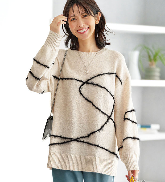 ＼まとめ買いクーポン配布中／ニット トップス 冬 レディース 長袖 プルオーバー 線描きジャカードニットプルオーバー 2025冬 ベルーナ belluna M〜5Lのサムネイル