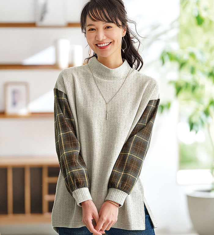 乐天商城 - ＼まとめ買いクーポン配布中／カットソー プルオーバー レディース 袖チェック切替デザインプルオーバー 2025冬 ベルーナ belluna M〜5L