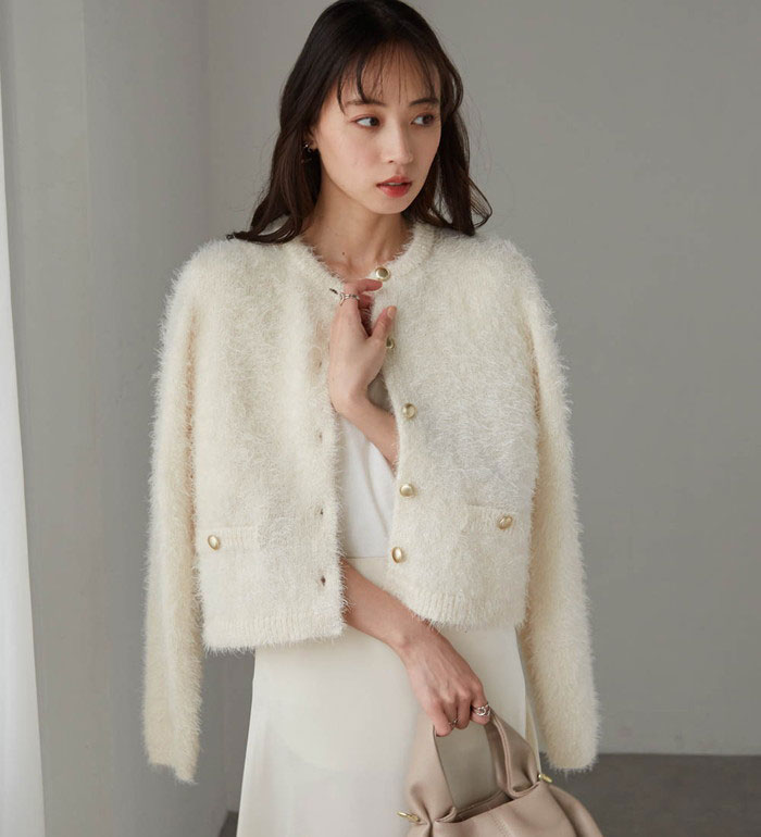 ＼お年玉クーポン2026円OFF／ニットカーディガン M L LL ゴールド調ボタンラメシャギーカーディガン M-LL 2025秋冬 レディース ラナン RANAN