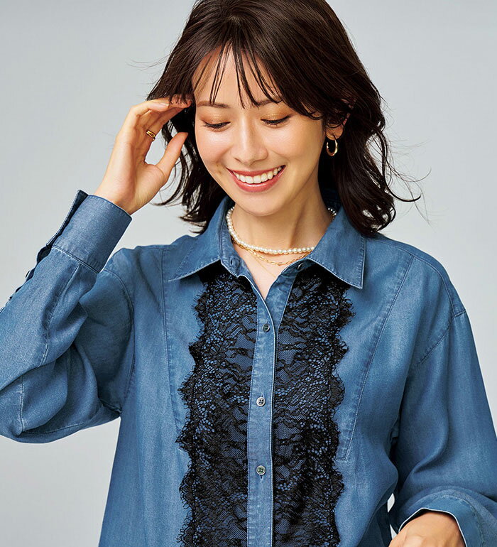 樂天商城 - ＼まとめ買いクーポン配布中／チュニック レディース デニム素材レース使いシャツチュニック 2026春 ベルーナ belluna M-5L 26new