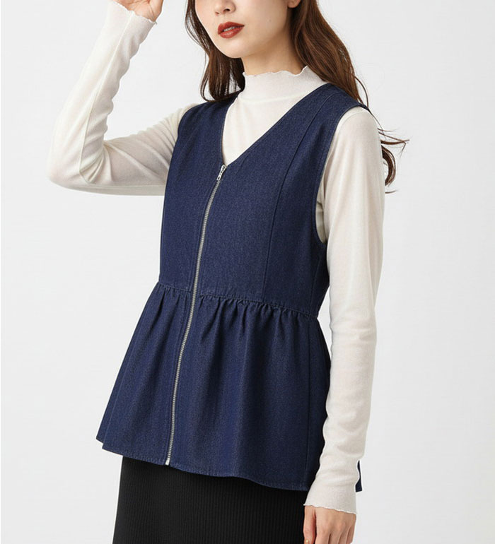 乐天商城 - ＼まとめ買いクーポン配布中／ベスト レディース デニム素材ジッパー使いペプラムベスト 2026春 ベルーナ Belluna M-3L アウター