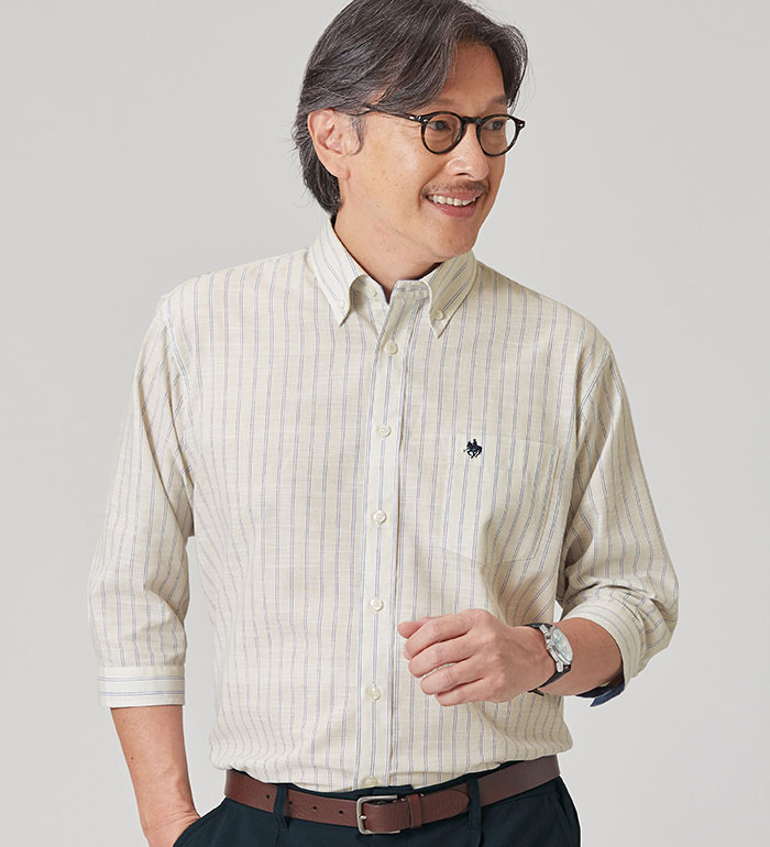 乐天商城 - 【期間限定：4890円→3912円！】シャツ 7分袖 メンズ ＜ポロ・ビーシーエス＞麻入りさらさら7分袖シャツ(S〜3L) メンズ 紳士 男女兼用 ベルーナ