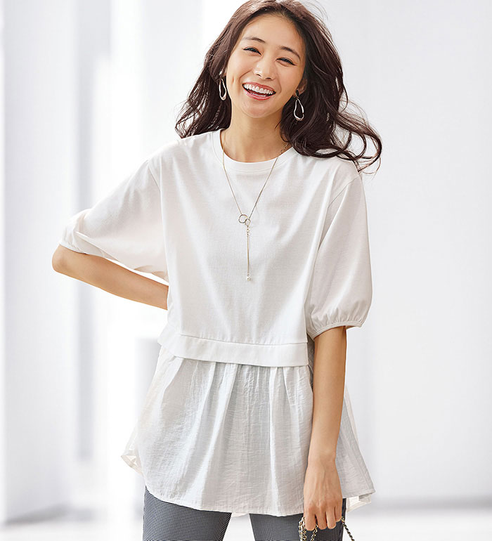 ＼店内全品5％OFFクーポン／チュニック レディース ギャザー使い異素材切替ふんわりチュニック 2026夏 belluna ベルーナ M-5L