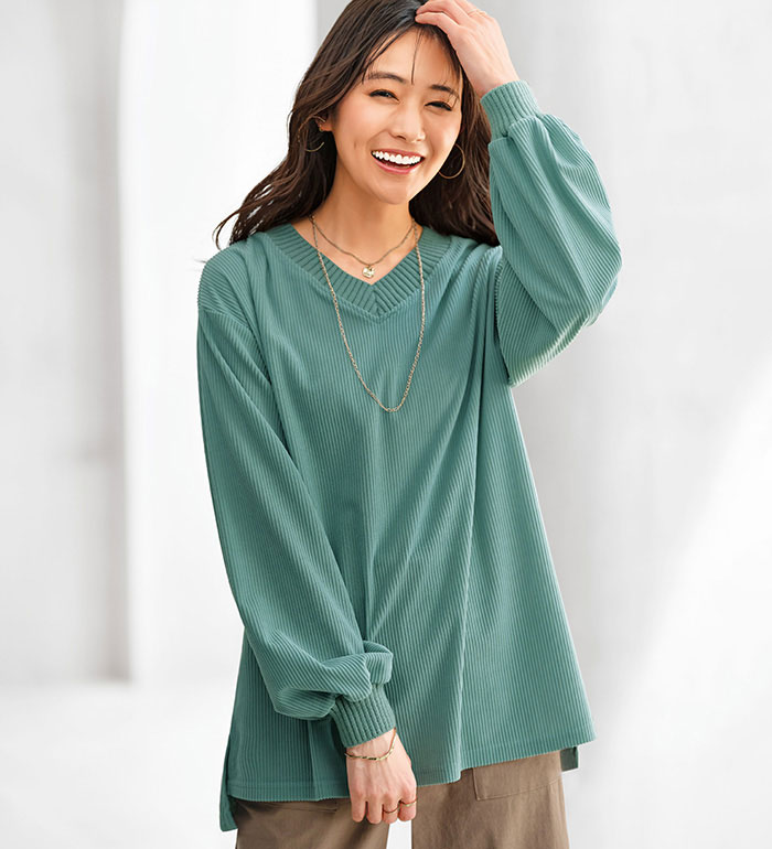 ＼まとめ買いクーポン配布中！／カットソー プルオーバー レディース トップス Tシャツ 大きいサイズ 秋冬 ニットリブVネックコーデュロイプルオーバー M L LL 3L 4L 5L 2026秋 冬 ベルーナ belluna