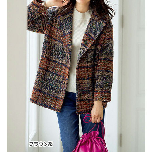 ＼最大2,000円OFFクーポン配布中！／ハーフコート ワイドがトレンド！ビッグチェック柄コート(3L〜5L) ベルーナ Belluna 40代 50代 60代 レディース ミセス 大人 秋 秋服 ハーフ コート アウター 羽織 ハーフ丈