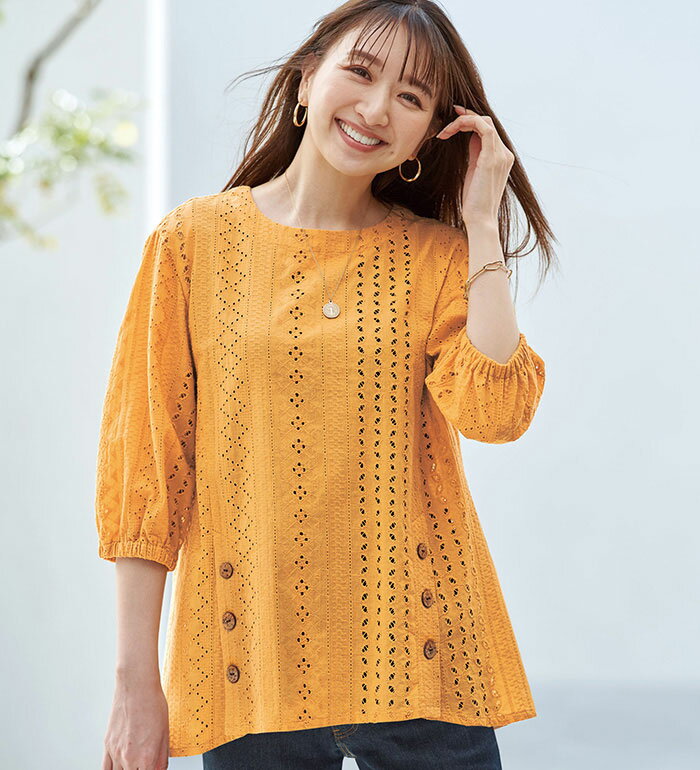乐天商城 - ＼まとめ買いクーポン配布中／ブラウス ボタンデザインオーバーレースブラウス(M〜5L) ベルーナ belluna 40代 50代 60代 ミセス 大人 レディース 夏 盛夏 夏服 トップス 高評価