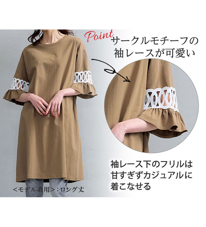 ＼まとめ買いクーポン配布中！／袖レース切替チュニックワンピース(M ロング丈〜3L...