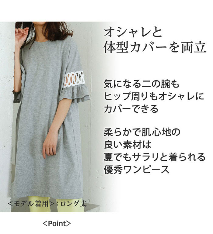 ＼まとめ買いクーポン配布中！／袖レース切替チュニックワンピース(M ロング丈〜3L...