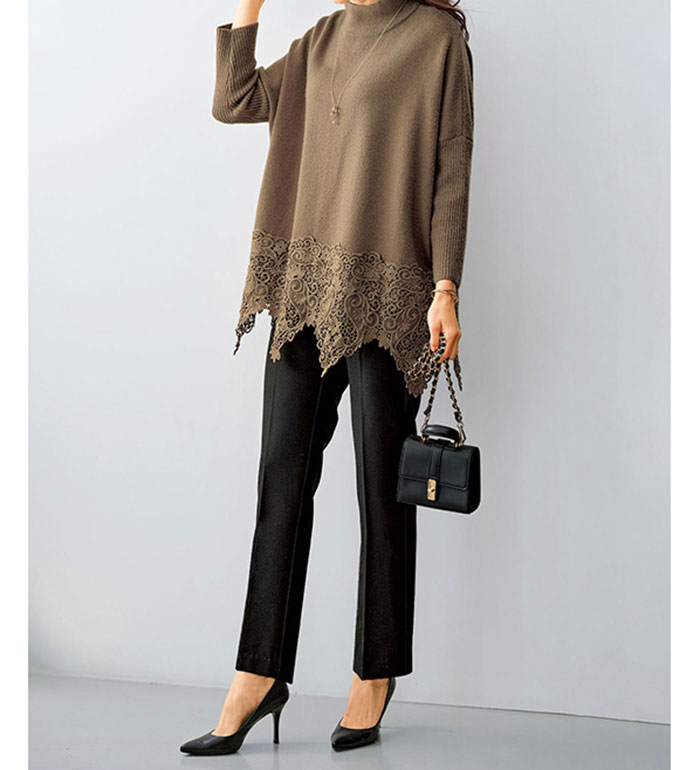 ＼まとめ買いクーポン配布中／ チュニック M−L LL−3L 4L−5L 裾レース切替ポンチョ風ニットチュニック(M−L〜4L−5L) ベルーナ belluna 40代 50代 60代 ミセス 大人 レディース 冬 トップス