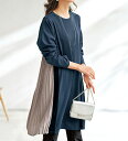 チュニックワンピース M L LL 3L 4L 5L サイドプリーツ配色切替ワンピース(M〜5L) ベルーナ Belluna 40代 50代 60代 ミセス 大...