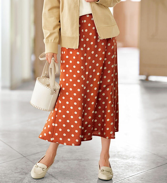 スカート ロング S 麻混素材ドット柄フレアースカート S-5L ベルーナ belluna 2025春のサムネイル