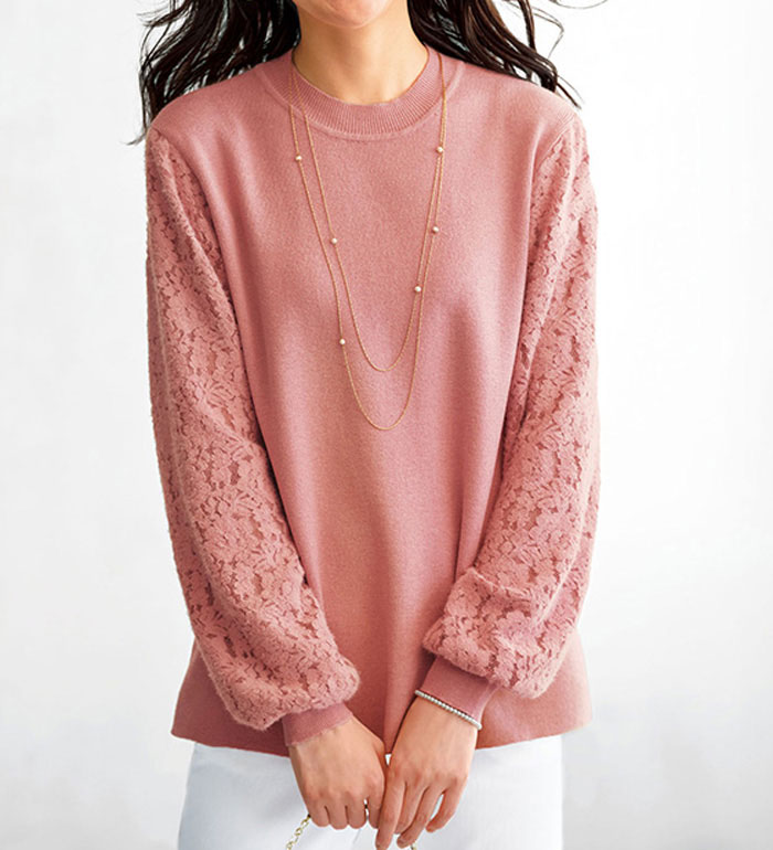 ＼まとめ買いクーポン配布中／ニットプルオーバー 袖起毛レースニットプルオーバー M-5L ベルーナ belluna 2025春のサムネイル