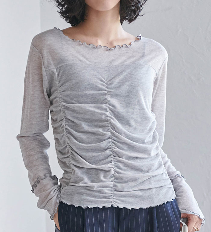 乐天商城 - Tシャツ M L LL ギャザーデザインシアーTシャツ M-LL 2025春 レディース RANAN ラナン