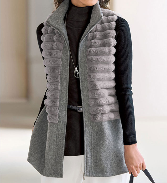 ＼Bulk purchase coupon available!／ Women's vest, eco-fur trim design vest, 2025 winter collection, Belluna, sizes M-5L