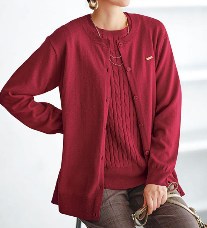 [Limited Time Offer: ¥2519 → ¥2140!] Women's Knit Long-Sleeve Cardigan, Lightweight Cotton Blend, Crew Neck Cardigan, Winter 2025, Belluna, Sizes M-5L