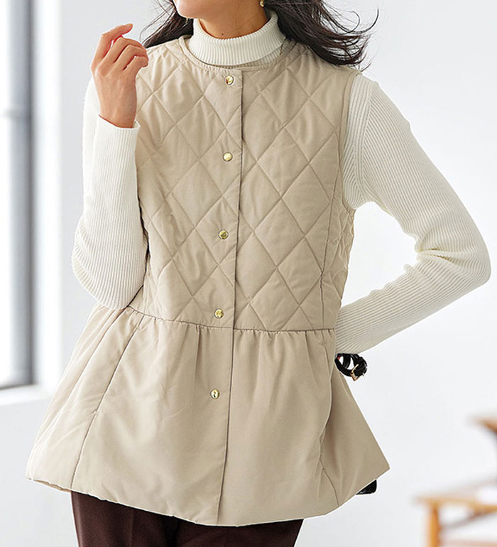＼Bulk purchase coupon available!／ Women's quilted peplum vest, 2025 winter collection, Belluna, sizes M-5L