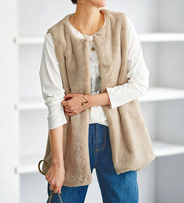 ＼Bulk purchase coupon available!／ Women's fur vest with hook closure, Belluna 2025 Autumn/Winter, Sizes M-5L, eligible for review campaign.