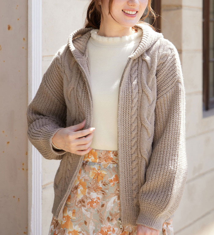 [Limited Time Offer: ¥3850 → ¥2690!] Women's Knit Top Alotta Cable Knit Zip Hoodie (M-3L) For Women in their 40s, Autumn/Winter, Comfortable and Warm