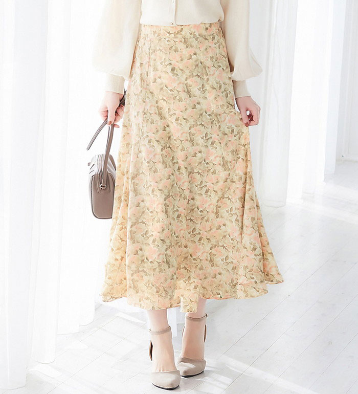 ＼Bulk purchase coupon available!／ Flared skirt, long, watercolor print flared skirt (M-3L), Belluna, for women in their 40s, 50s, and 60s, Alotta, summer, summer clothes, flared skirt, long length, long skirt, bottoms