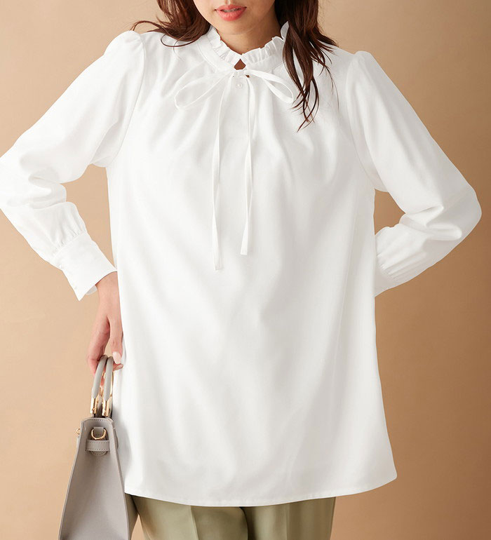 ＼Bulk purchase coupon available!／ Tunic ML LL 3L Fluffy brushed-back bow tie tunic (M-3L) Women's Alotta Tops Plus Sizes