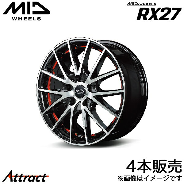 MID RX27 カローラスパシオ 120系 アルミホイール 4本(15×5.5J 4-100 +43 ブラックメタリックポリッシュ/アンダーカットレッドクリアー)マルカサービス