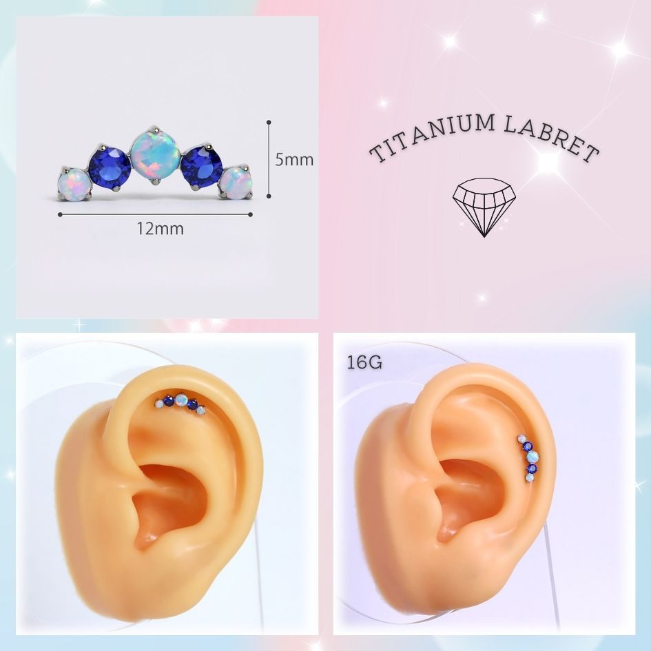 チタン製 軟骨ピアス 16G 18G 【オパール×ブルージルコニア 5連】 ラブレットスタッド ボディピアス ヘリックス トラガス イヤーロブ　アウターコンク　金属アレルギー対応　裏側フラットつけっ放しOK素材　ASTM-F136　16ゲージ/18ゲージ　送料無料　【LAB146】