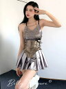 ポールダンス ウェア 上下セット女性ポールダンス服 衣装 ショーツ レーサー バッククロップトップ シャイニー メタリック セクシー ダンスコスチュームgogo...