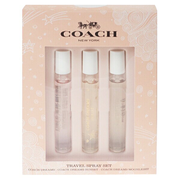≪セット内容≫・コーチ ドリームス EDP SP 7.5ml トラベルスプレー・コーチ ドリームス サンセット EDP SP 7.5ml トラベルスプレー・コーチ ドリームス ムーンライト EDP SP 7.5ml トラベルスプレー●直射日光のあたるお肌に香水をつけますと、まれにかぶれたりシミになる場合がございます。●可燃性製品は火気には十分ご注意ください。●傷やはれもの・湿疹など、異常のある部位にはお使いにならないでください。●フレグランス商品は、シルク・薄い布地や白または淡い色の衣服には、シミになることがありますので、直接おつけにならないでください。●目に入ったときは、直ちに洗い流してください。メーカーまたは輸入元コーチ区分フランス製 化粧品広告文責株式会社ベルモ TEL：042-767-2722※原産国が複数ある商品につきましては、入荷の時期により原産国が異なりますので、予めご了承ください。※当社にて取扱いしております香水、コスメ、ヘアケア商品、ブランド品などの商品は、一部国内メーカー物を除き全て並行輸入品となっております。※輸入時にすでに外箱、パッケージに傷みがある場合がございます。輸入時の傷みと思われるものは不良の対象とはなりませんのでご了承下さい。※リニューアルや商品生産国での仕様違い等で、外観が実物と掲載写真と異なる場合がございます。また、入荷時期により外観が異なる商品が混在している場合がございますが、ご注文時に外観をご指定いただく事はできかねます。※当店の在庫は、他の運営サイトと共有しております為、他運営サイトの注文状況によっては、ご注文が可能であっても、欠品となる場合がございます。入荷が見込めない商品につきましては、メールにてキャンセルのご案内を致します。当社では上記の点をご理解いただいた上でのご注文という形で対応させていただきます。訳あり テスター 香水・フレグランスはコチラからどうぞ訳アリ 箱なし 香水・フレグランスはコチラからどうぞ香水・フレグランス&nbsp;>&nbsp;セット&nbsp;>&nbsp;レディース・女性用香水・フレグランス:セット:レディース・女性用COACH:COACH DREAMS TRAVEL SPRAY SETコーチ コーチ ドリームス トラベルスプレ— セット 7.5ml×3