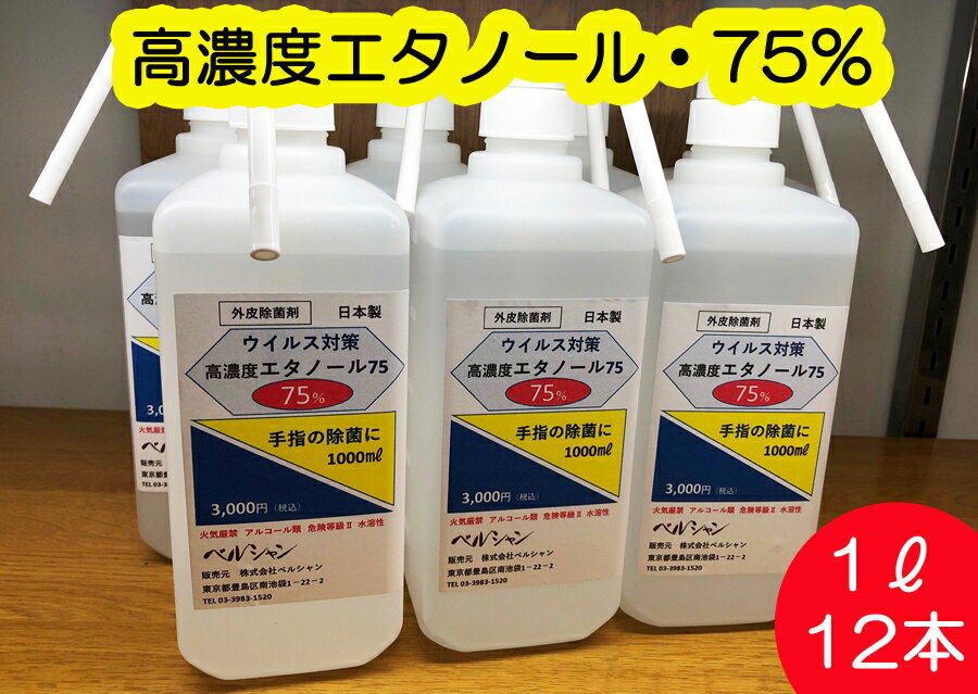 1Lエタノール【12本set】手指消毒用（高濃度75％）【日本製】1リットル・在庫有・即納【ポンプ式 ...