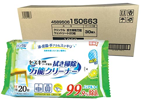 サイズ：30個 ライフ堂 クリンクル 掃除シート ウェットシート 拭き掃除万能クリーナー 20枚*30個入 ケース販売 セスキ炭酸ソーダ配合 ノンアルコール 99%除菌 LD-602