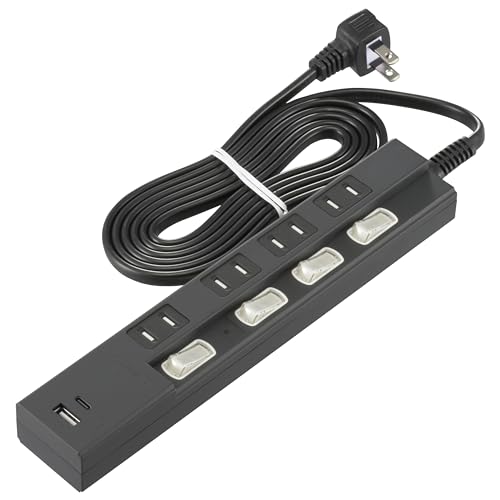 オーム電機 電源タップ 4個口 個別スイッチ付き 雷ガード PD対応Type-C/Type-Aポート付き 2m ブラック HS-TPKU42PD23-K 00-1016 OHM