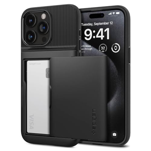 色：ブラック サイズ：iPhone 15 Pro Max (6.7インチ) Spigen iPhone 15 Pro Max ケース カード収納 米軍MIL規格 耐衝撃 パスケース スリム・アーマーCS ACS06589 (ブラック)