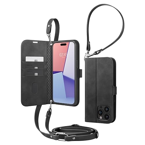 色：ブラック サイズ：iPhone 15 Pro Max (6.7インチ) Spigen iPhone 15 Pro Max ケース 手帳型 財布 ストラップ カード収納 スタンド機能 米軍MIL規格 革 ショルダー カード ウォレットSプロ ACS06605 (ブラッ