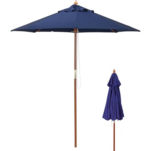 不二貿易 ガーデンパラソル 展開時最長辺210cm UVカット率99.9% 折りたたみ 大型 木製 ネイビー 60158