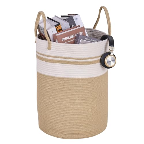 VECELO ロープバスケット 幅38x奥行38x高さ50cm ランドリーバスケット 取っ手付き 織り込み 大容量 シンプル 天然コットン 持ち運びやすい 軽量 安全 お風呂 衣類収納 書類収納 クロゼット収納