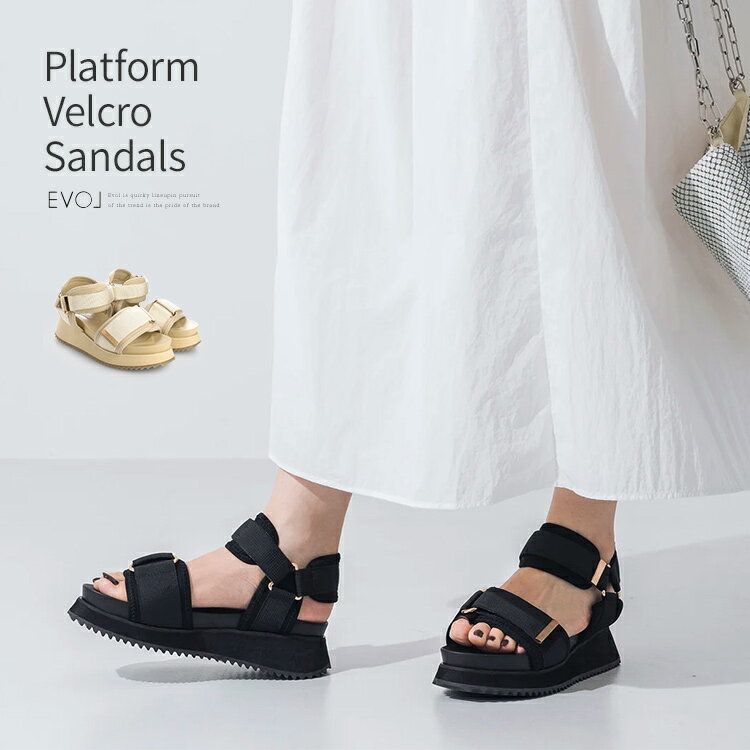 サンダル ストラップ 厚底 ベルクロサンダル フラット プラットフォーム ブラック ベージュ 5030