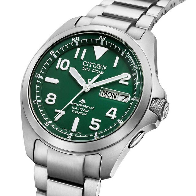 正規新品 エコドライブ ソーラー 国内電波時計 CITIZEN PROMASTER LAND/シチズン プロマスター ランド スーパーチタニウム サファイアガラス 20気圧防水 ねじロック式りゅうず シルバー×グリーン 丸型 アラビア数字 PMD56-2951[H100]