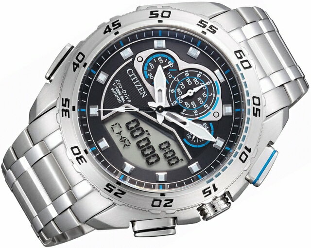[新品!正規品/日本全国送料無料] CITIZEN PROMASTER/プロマスター GLOBAL LAND エコドライブ レーシングクロノグラフ メンズソーラー ワールドタイム アナデジ ステンレス サファイアガラス 20気圧防水 シルバー×ブラック×ブルー JW0121-51E