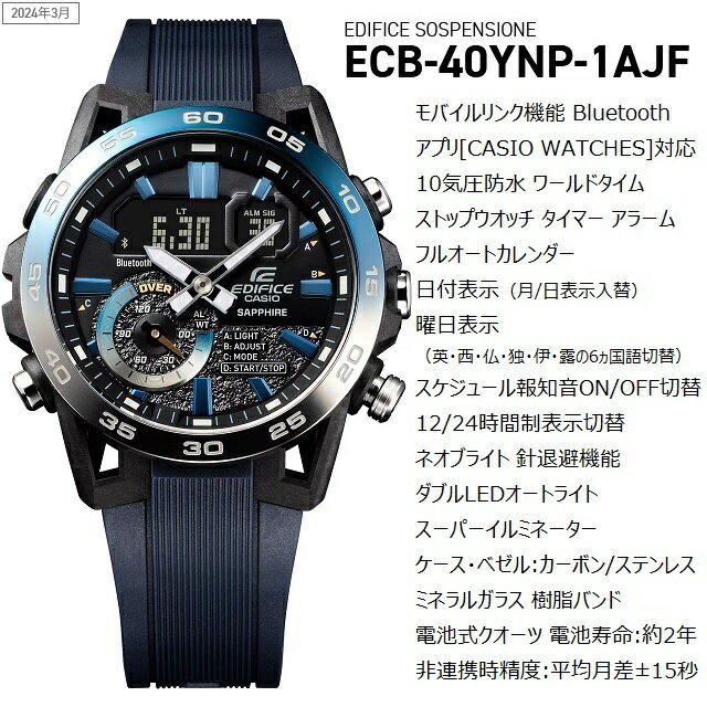 '24-3 正規新品 NIGHTTIME DRIVE series CASIO EDIFICE SOSPENSIONE クオーツクロノグラフ Bluetooth ラウンドアナデジ ワールドタイム 10気圧防水 ミネラルガラス ブルー シルバー ダークブルー ECB-40YNP-1AJF