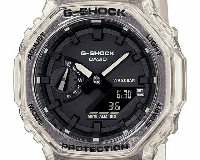GA-2100SRS-7AJFの色違い 正規新品 スケルトン CASIO G-SHOCK/カシオ ジーショック Skeleton Series メンズクオーツ アナデジ 反転液晶 20気圧防水 カーボンコアガード オクタゴン/八角形 クリアホワイト×ブラック GA-2100SKE-7AJF