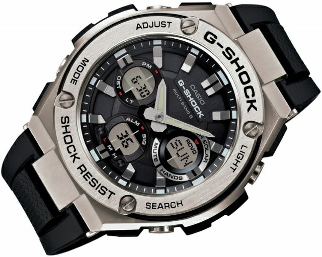 正規新品 CASIO G-SHOCK/カシオ ジーショック G-STEEL/ジースチール レイヤーガード構造 メンズタフソーラー電波 ラウンドアナデジ マルチバンド6 20気圧防水 シルバー×ブラック GST-W110-1AJF