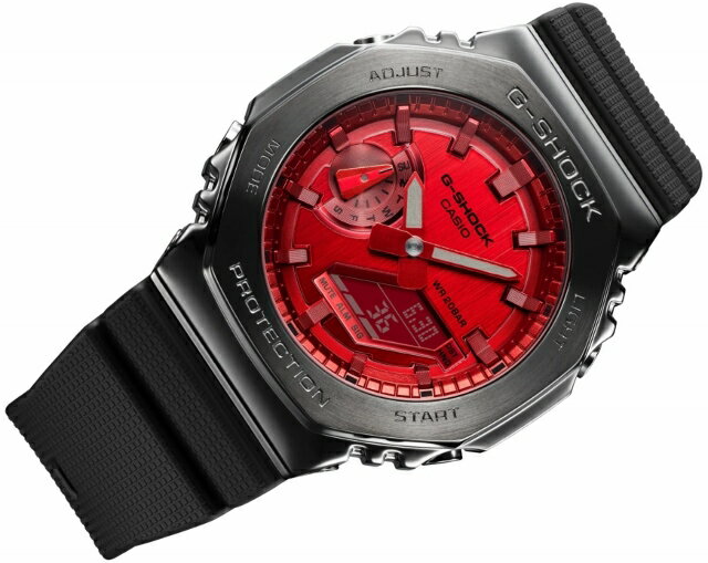 正規新品 メタル 八角形 薄型 CASIO G-SHOCK/カシオ ジーショック METAL COVERED 反転液晶 オクタゴン アナデジ ステンレス ワールドタイム ストップウォッチ タイマー アラーム 20気圧防水 ブラック×レッド GM-2100B-4AJF 　還暦のお祝いに