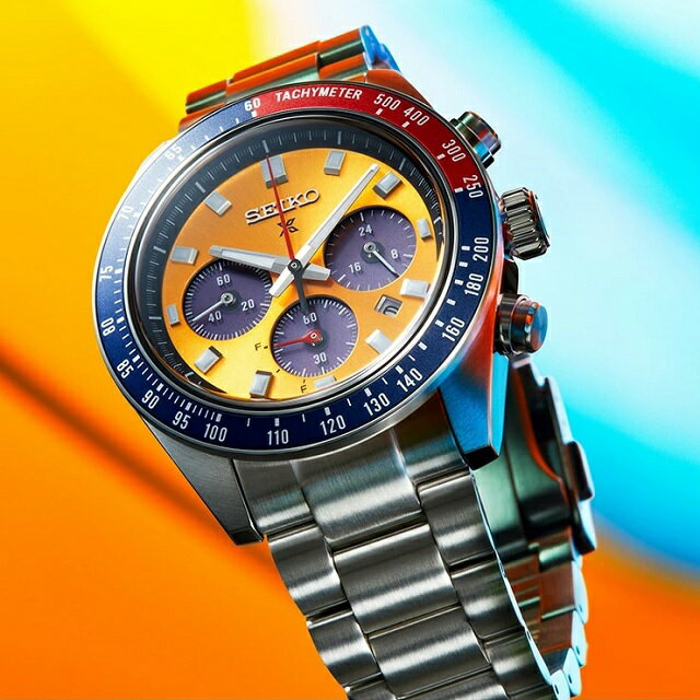 正規新品 日本製 ソーラークロノグラフ 丸型 SEIKO PROSPEX SPEEDTIMER 小秒針 24時針 タキメーター 10気圧防水 日付 パワーリザーブ表示 ステンレス サファイアガラス ブライトイエローダイアル レッド/ブルーベゼル ストップウォッチ SBDL117