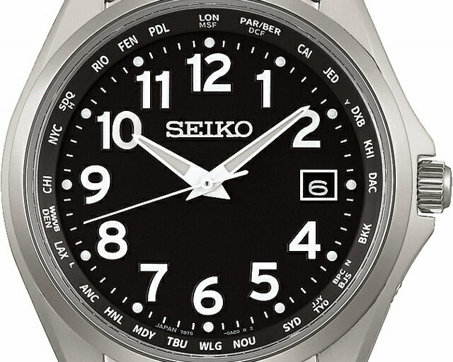 日本製 メンズソーラー電波ウォッチ 丸型 SEIKO SELECTION/セイコーセレクション ワールドタイム 10気圧防水 日付 純チタン サファイヤガラス 耐磁 ルミブライト 耐メタルアレルギー シルバー×ブラック オールアラビア数字 SBTM329[7B75]