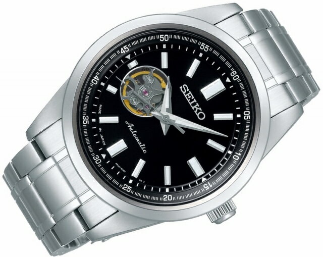 正規新品 SEIKO SELECTION/セレクション メンズメカニカル 自動巻(手巻付) オートマチック オープンハート シースルー スクリューバック ステンレス 丸型 10気圧防水 シルバー×ブラック バーインデックス SCVE053 日本製