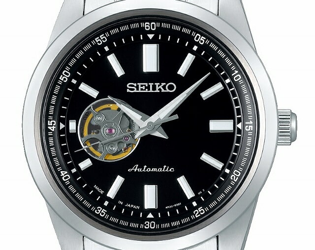 正規新品 SEIKO SELECTION/セレクション メンズメカニカル 自動巻(手巻付) オートマチック オープンハート シースルー スクリューバック ステンレス 丸型 10気圧防水 シルバー×ブラック バーインデックス SCVE053 日本製
