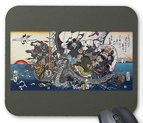 歌川国芳・渓斎英泉・歌川国貞『 七福神を載せた宝船 』のマウスパッド:フォトパッド( 浮世絵シリーズ ) (C:濃い緑地)